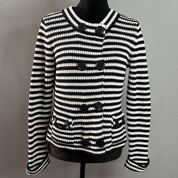 TALBOTS 100% Mercerized Cotton Black and White Stripe Knit Cardigan Sweater - Picture 3 of 6
